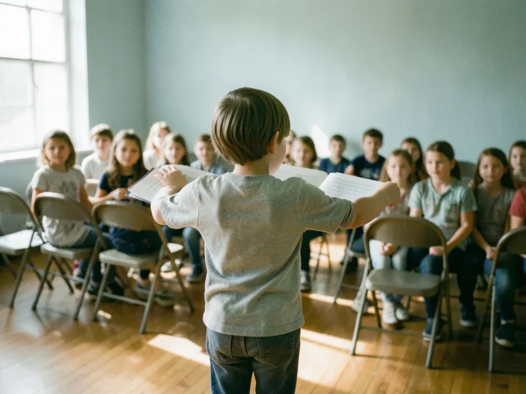 Child standing in a sunlit rehearsal room, early years choral resources.