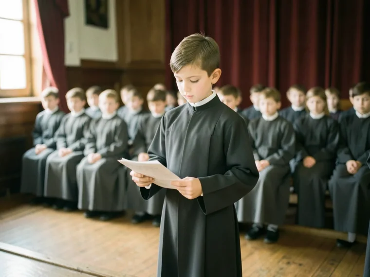 A young boy in a choir uniform stands center stage, ready to perform. Choir hire.