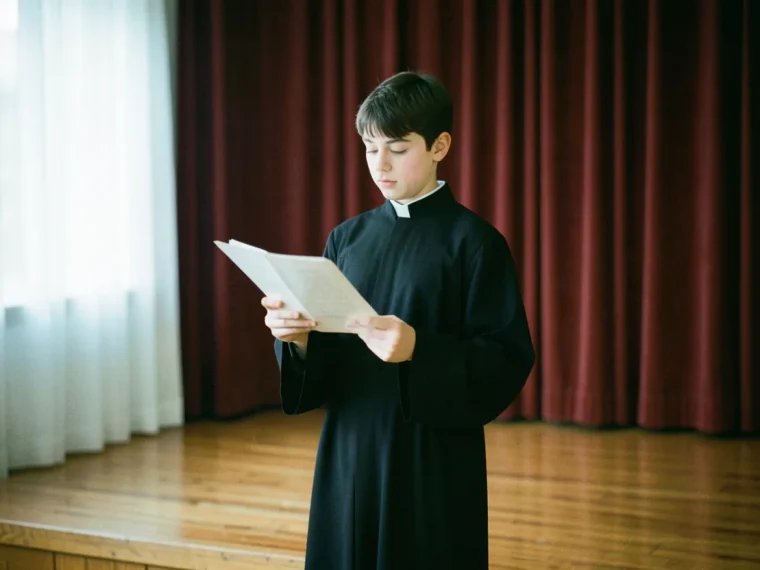 A young person in a black choir robe stands on a wooden stage. Choir jobs.