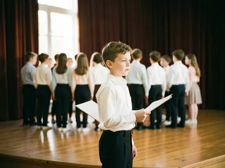 Young choir member in white shirt, black trousers, soft diffused lighting, youth choir.