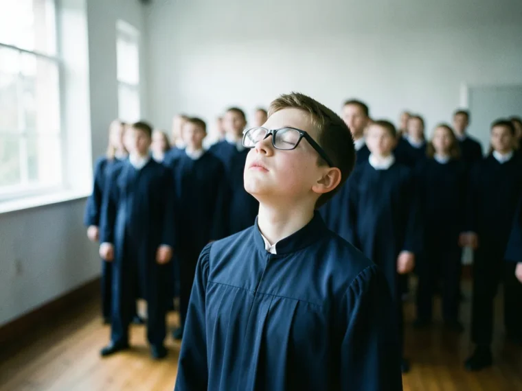 Young singer, eyes closed, mid-performance, soft lighting, regional choir resources.