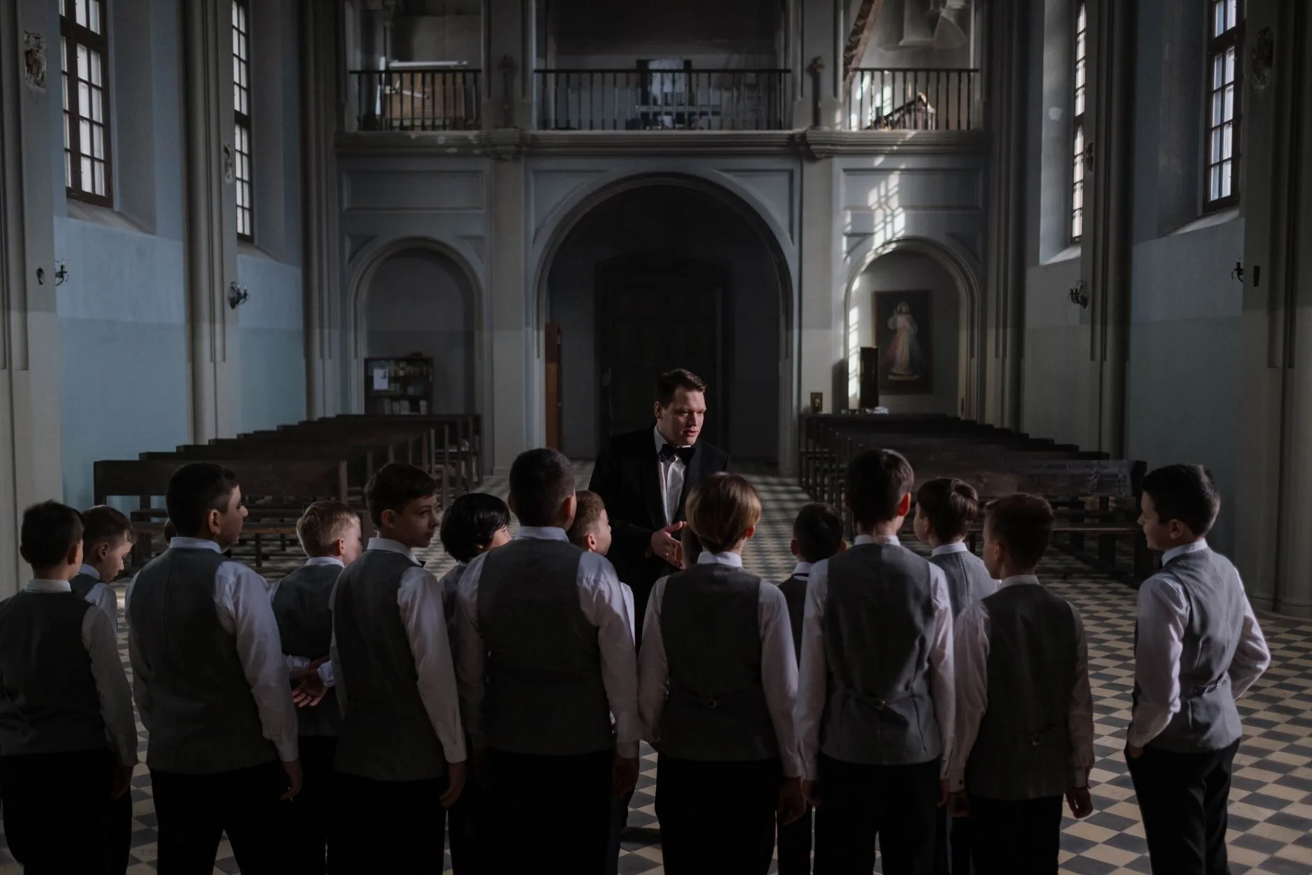 Young singer in choir robe, muted colors, soft lighting, 'Give Me Audio' illustration