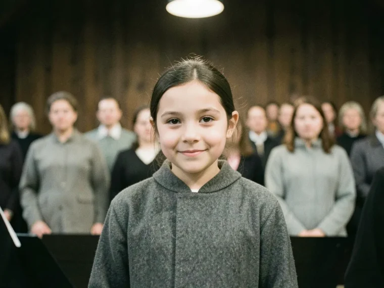 Young girl leading a community choir, soft natural light, muted colors.
