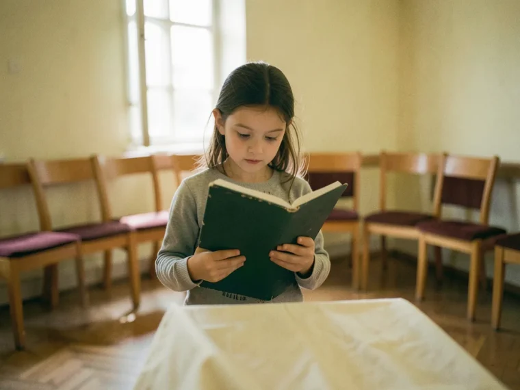 Young girl stands center stage, bathed in soft light, choir repertoire guide cover.