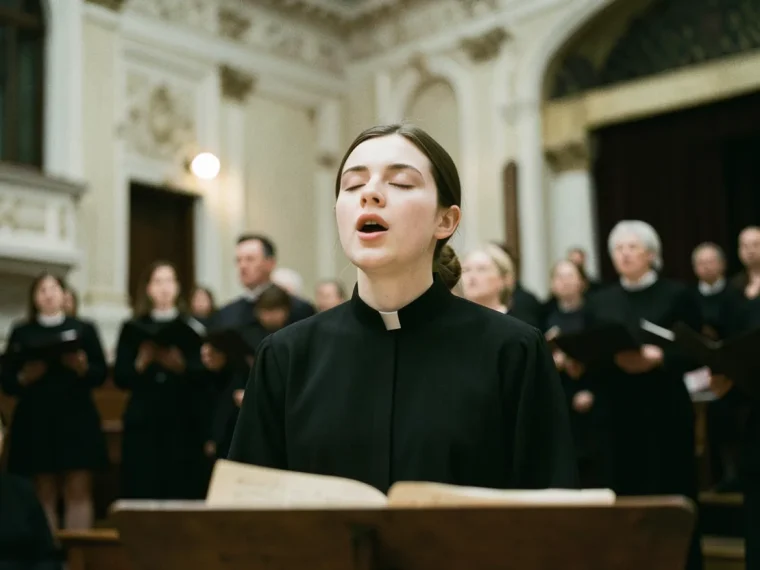 Choir member singing, muted colors, soft lighting, musical heritage preservation, National Association of Choirs