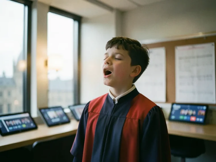 A young choir member singing passionately, with blurred choir and conductor in background. Sing 9: Interactive Choir Res