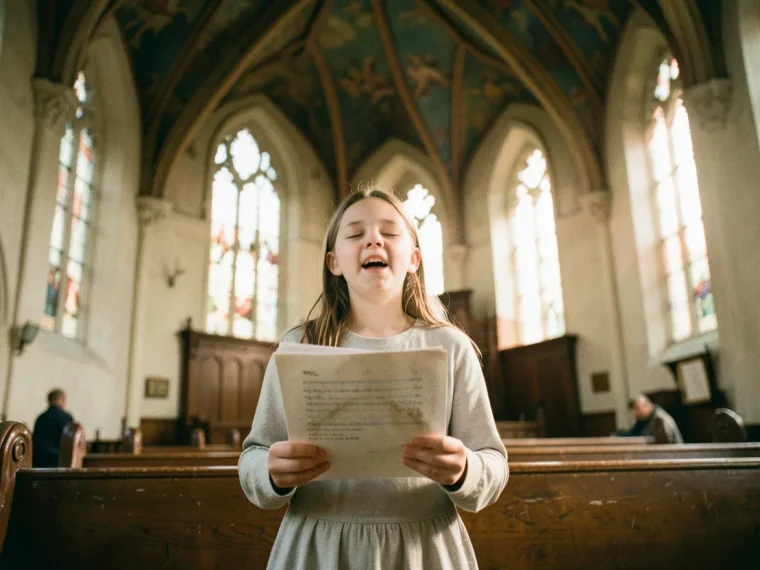 A young girl singing joyfully in an old, well-kept church. Topic: benefits of singing.