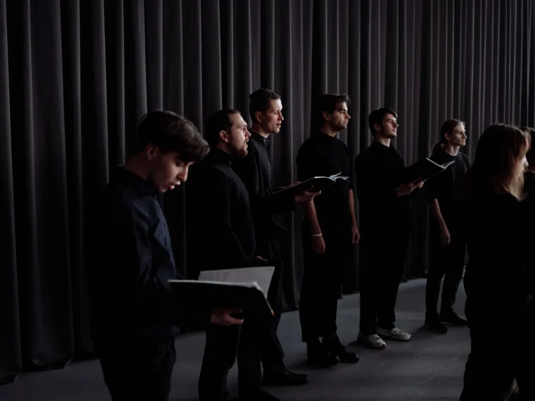 Vintage recording studio with South London Choir, muted tones, soft lighting