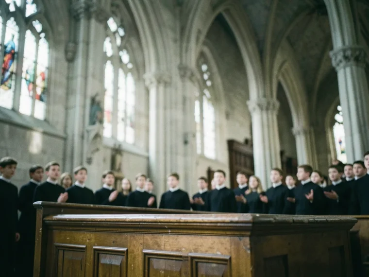 Ancient stone cathedral with towering arches, intricate carvings, soft diffused light. Cathedral schools choir history.