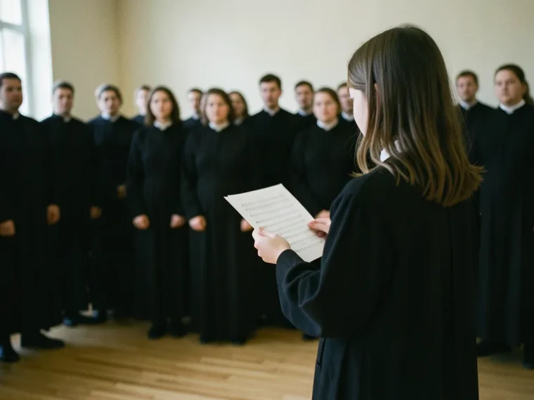 Young girl in choir robe, standing with other choristers, singing in a church. Choristers role.