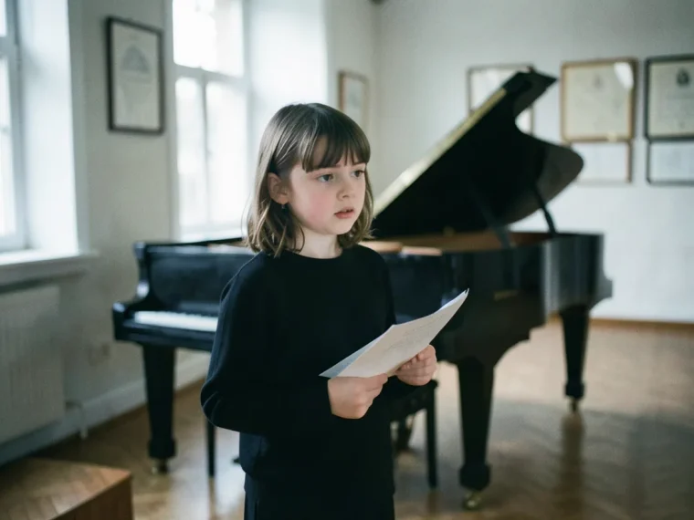 Young choir member, 12, stands in soft, muted light, holding sheet music. Youth choir audition.